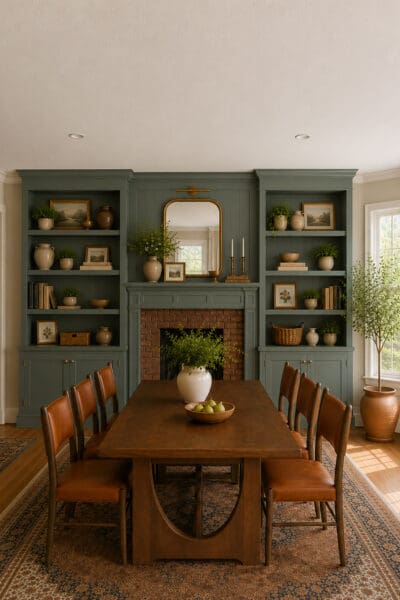 AI-generated inspiration image showing dark green built ins with cabinets and open shelves around a brick fireplace, created to plan the DIY fireplace built ins design