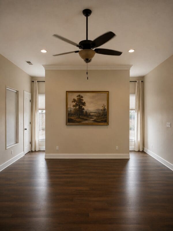 AI-generated rendering of a finished room divider wall in a warm neutral paint, with crown molding, a framed landscape painting, and dark plank flooring, open on both sides to the windows behind it.