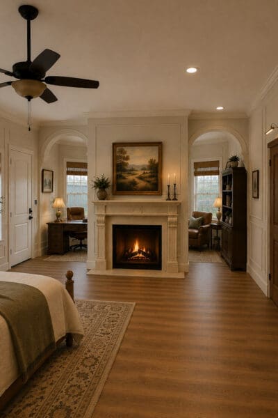 AI-generated inspiration image of a bedroom with a cream fireplace wall flanked by two arched doorways leading to a desk nook and reading corner